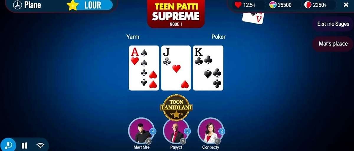 Teen Patti Supreme game interface showing 3-card poker gameplay with Indian players